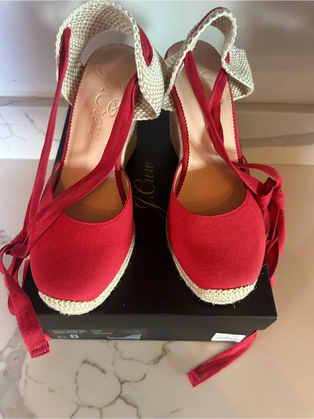 J Crew Canvas Red High Heel Espadrille Heels with Wrap Tie, Sz 8, retailed $158